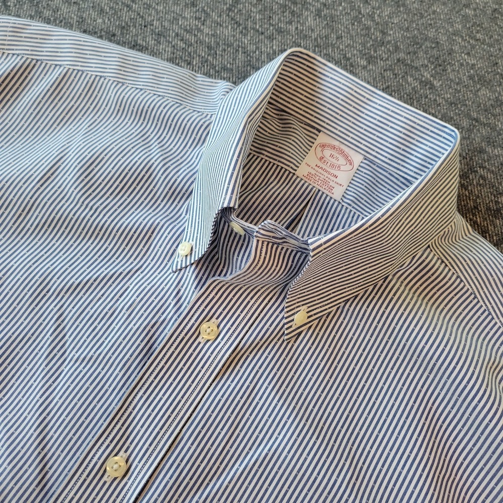 Brooks Brothers Shirt Mens 16.5 Madison Blue White Striped Short Sleeve Non Iron